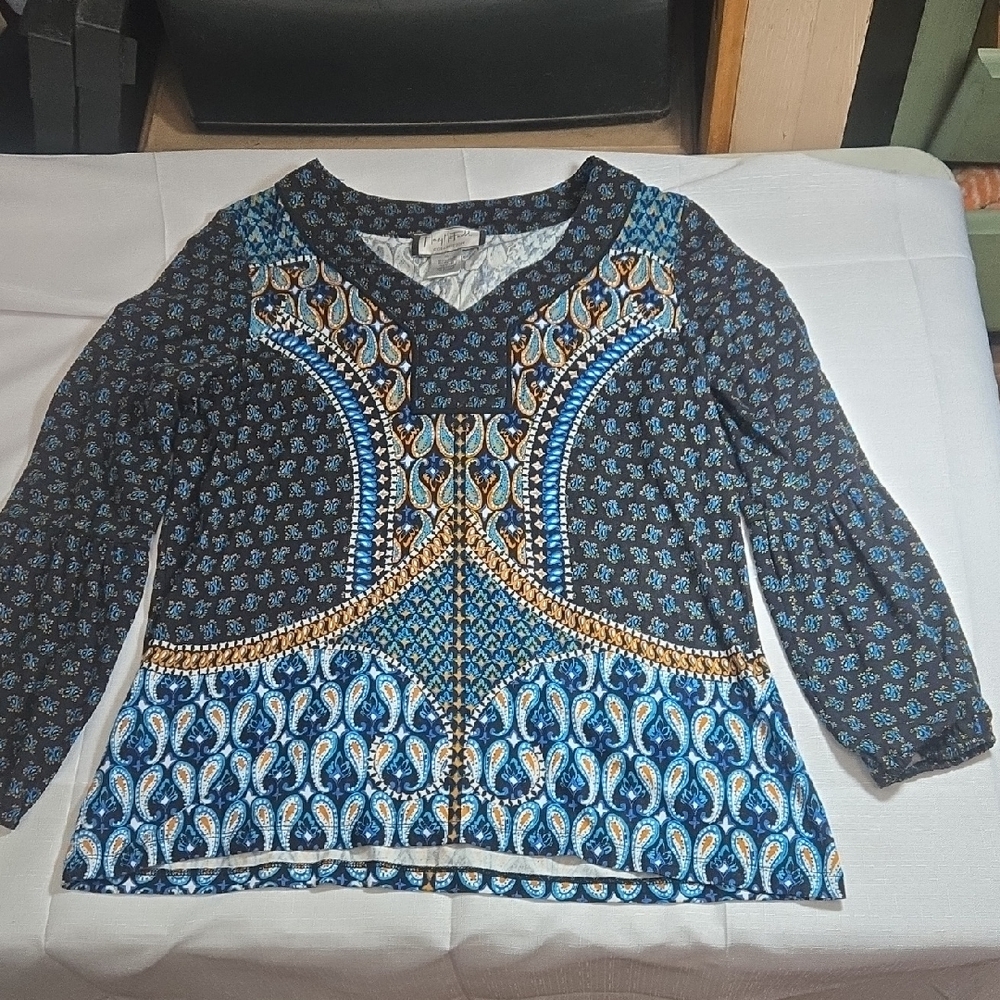 Mary McFadden Women's Blue and Brown Patterned Long Sleeve XL Top
